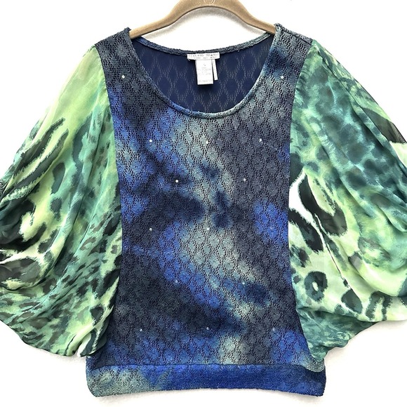 Alberto Makali Tops - Alberto Makali Blouse Top S Small Chiffon Crochet Sequin Blue Green Art